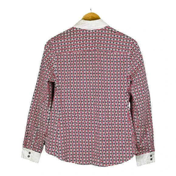 Tommy Hilfiger Y2K Red Blue TH‎ Logo Print Button Down Shirt Women Size Medium - Picture 2 of 10